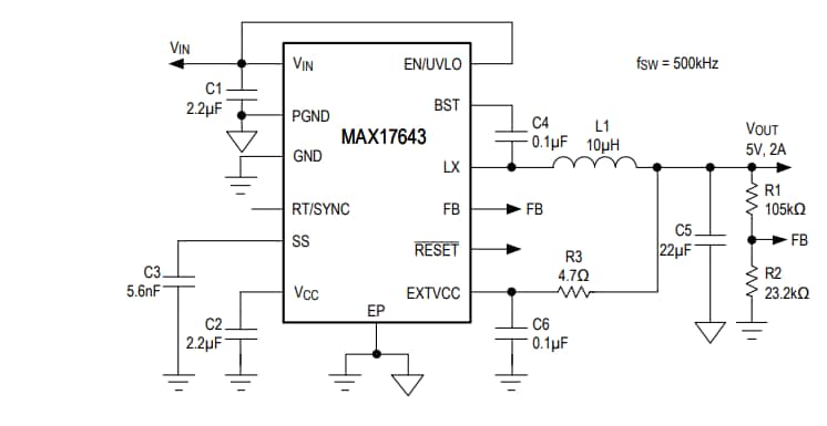 Application Circuit Diagram - Analog Devices / Maxim Integrated MAX17643 Step-Down DC-DC Converter