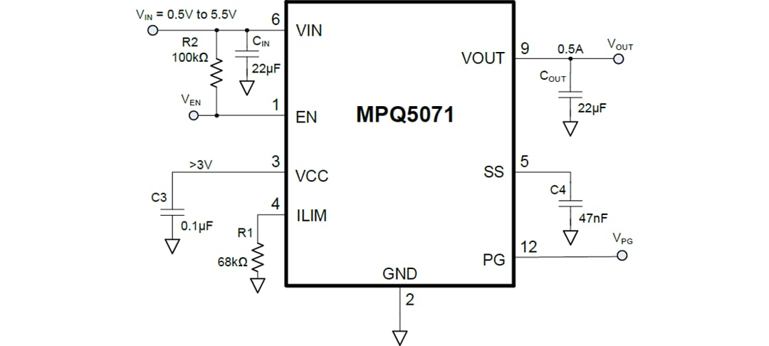 Application Circuit Diagram - Monolithic Power Systems (MPS) MPQ5071-AEC1 Programmable Load Switch Application Circuit Diagram - Monolithic Power Systems (MPS) MPQ5071-AEC1 Programmable Load Switch