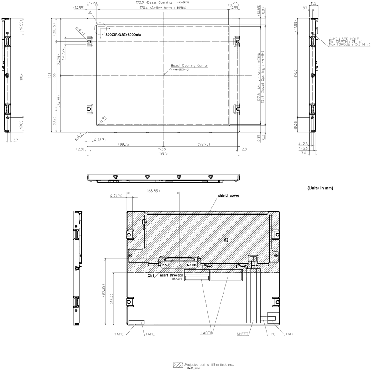 Mechanical Drawing - KYOCERA Display TCG084 8.4-inch SVGA Color TFT LCD Module Mechanical Drawing - KYOCERA Display TCG084 8.4-inch SVGA Color TFT LCD Module