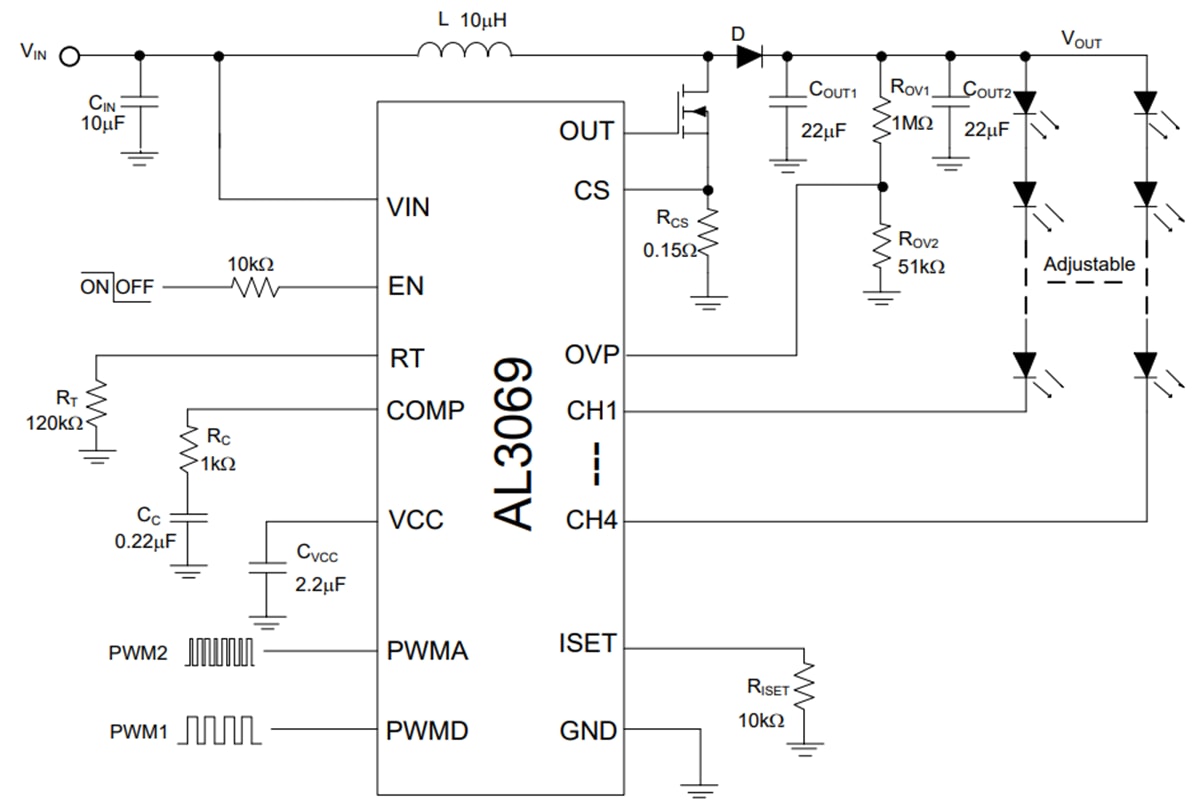 Application Circuit Diagram - Diodes Incorporated AL3069 Four-Channel Boost Controller Application Circuit Diagram - Diodes Incorporated AL3069 Four-Channel Boost Controller