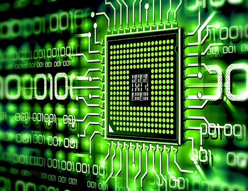 green computer chip with a background of 0s and 1s, representing bytes