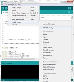 Selecting a library in the Arduino IDE.
