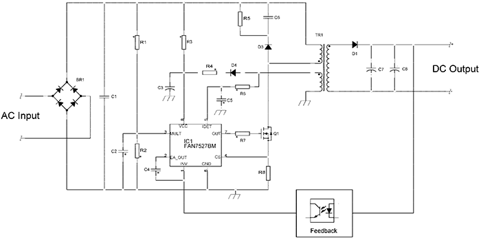 Simplified schematic of high-power flyback operating in BCM. Simplified schematic of high-power flyback operating in BCM.